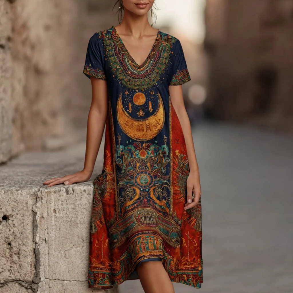 Women's Vintage Egyptian Tribal Art Short Sleeve Dress
