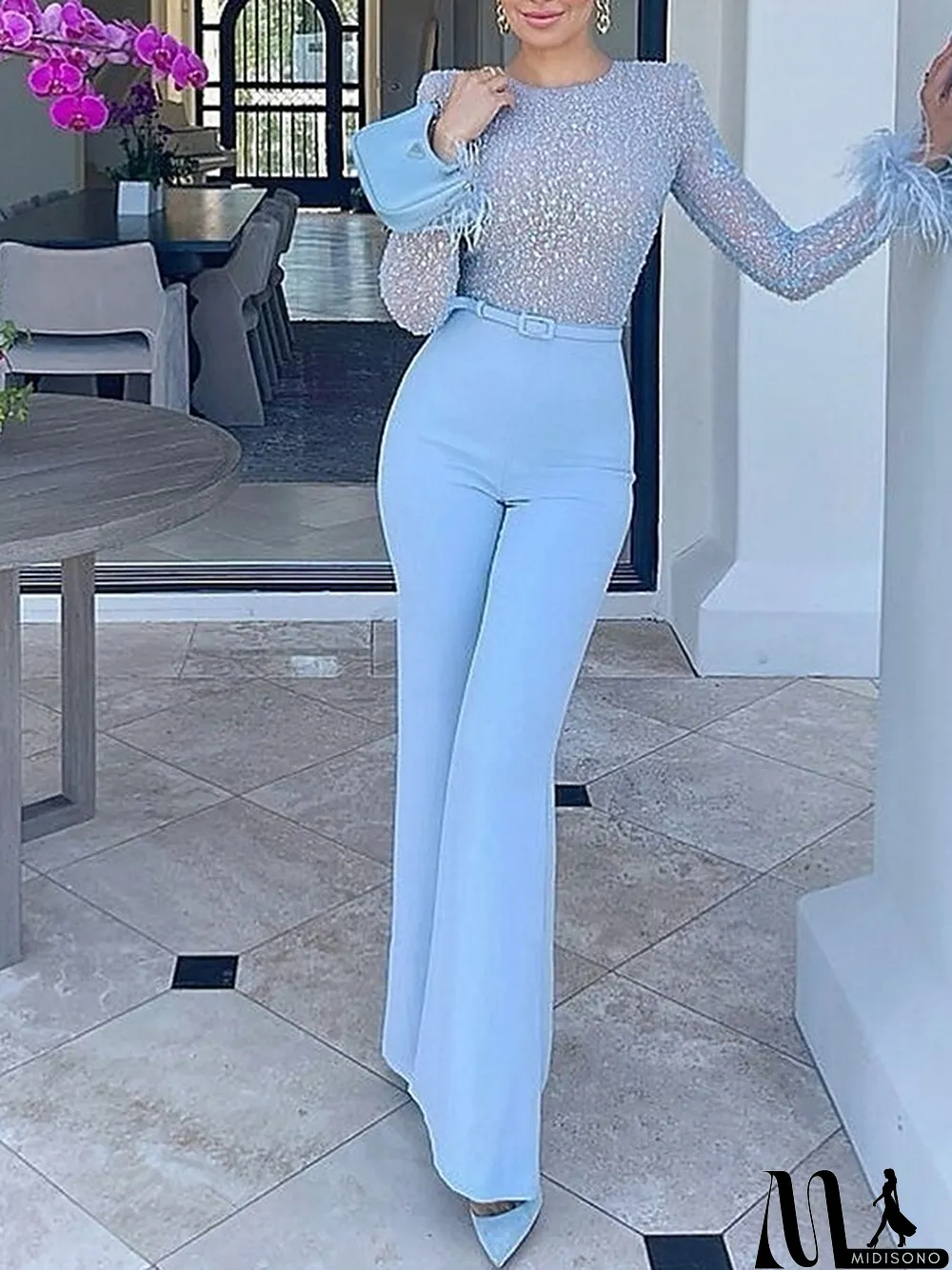 MidiSono - Women's Jumpsuit Feather Sequin Solid Color Crew Neck Streetwear Wedding Party Regular Fit Long Sleeve White Pink Blue S M L Summer