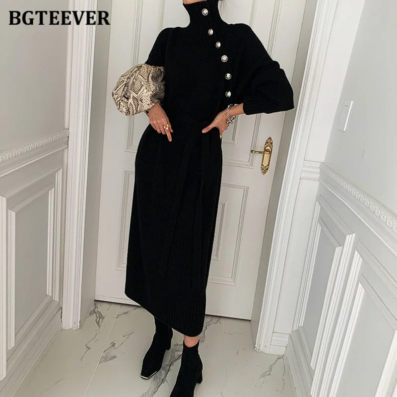 BGTEEVER Vintage Turtleneck Buttons Women Dress 2021 Autumn Winter Ladies Vestidos Full Sleeve Lace-up Female Sweater Dress