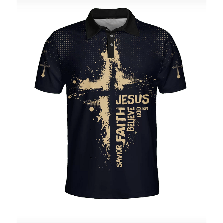 BrosWear Jesus Cross Letter Printed Short Sleeve Polo Shirt