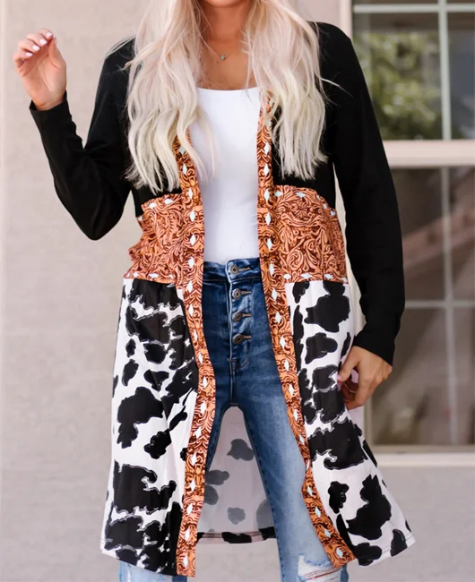 LADYSY Relaxed Printed Denim Patchwork Knitted Cardigan 