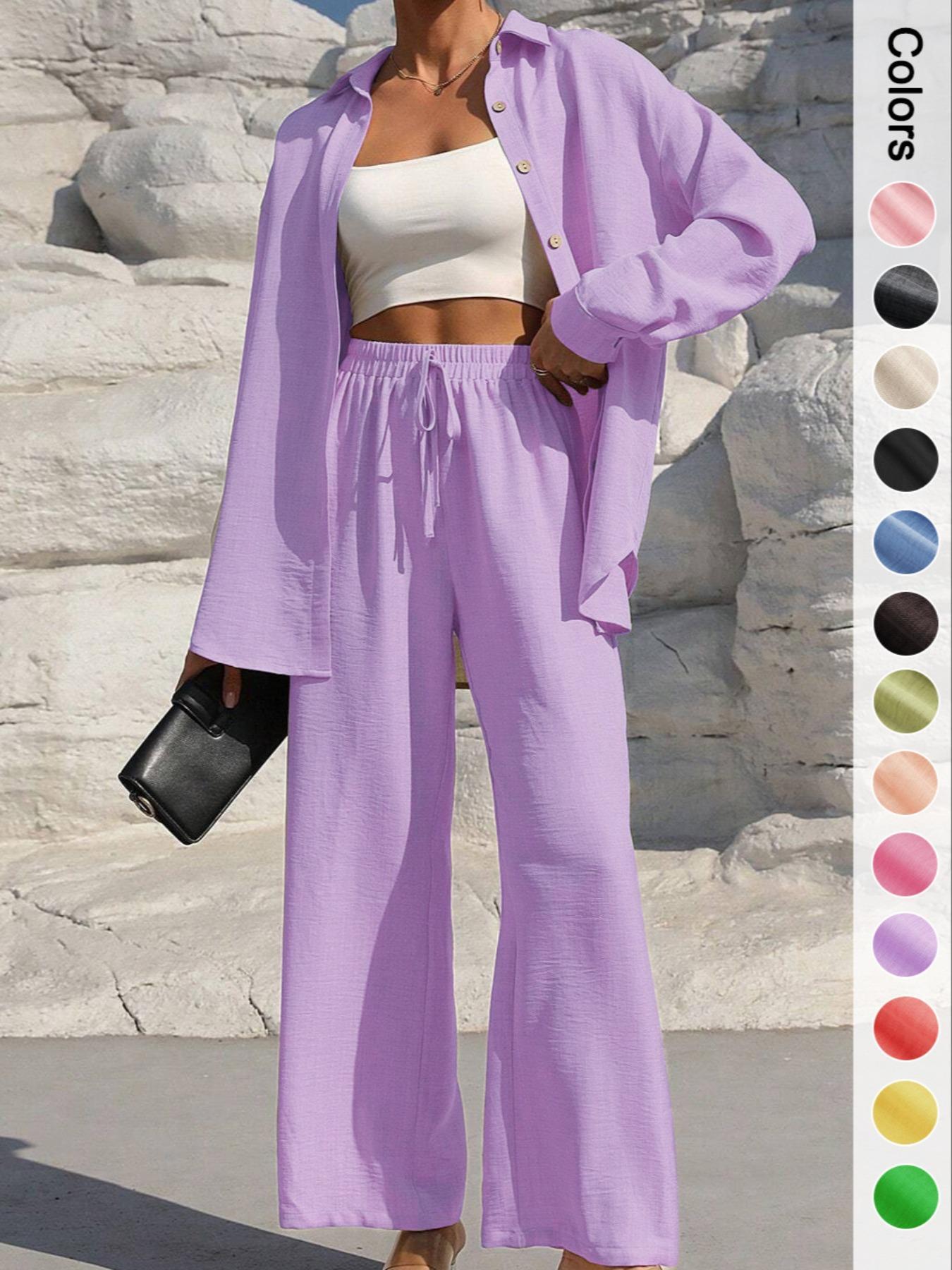 Women's Solid Button Front Shirt & Tie Front Wide Leg Pants Two-piece Set, Casual Drop Shoulder Long Sleeve Top & Trousers 2 Piece Set for Spring & Fall, Women's Clothes for Daily Wear, Casual Outfits Women Women's Solid Button Front Shirt & Tie Front Wide Leg Pants Two-piece Set, Casual Drop Shoulder Long Sleeve Top & Trousers 2 Piece Set for Spring & Fall, Women's Clothes for Daily Wear, Casual Outfits Women