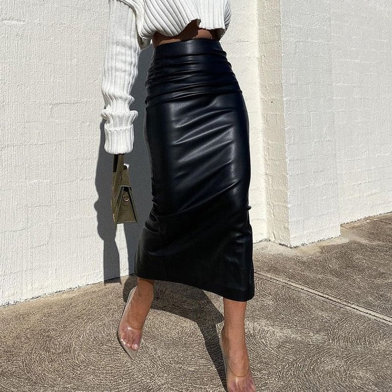 Women Autumn Sexy High Waist Bodycon Skirt Fashion Adults Slim-fit Solid Color Slit Leather Long Skirt Black/White