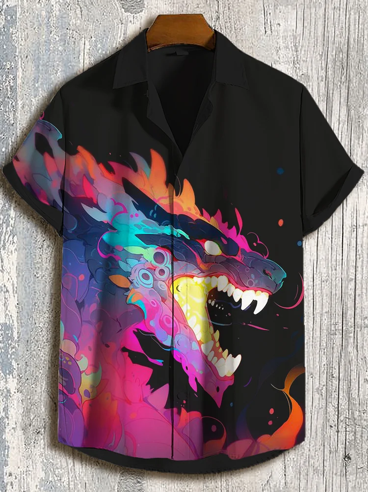 Men's Hippie Dragon Print Lapel Shirt