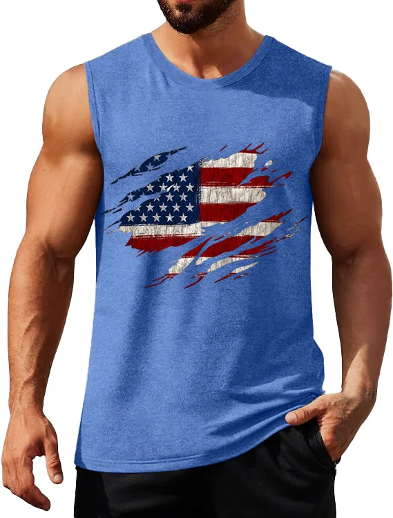 Men's Solid American Flag Print Sleeveless Tank Top