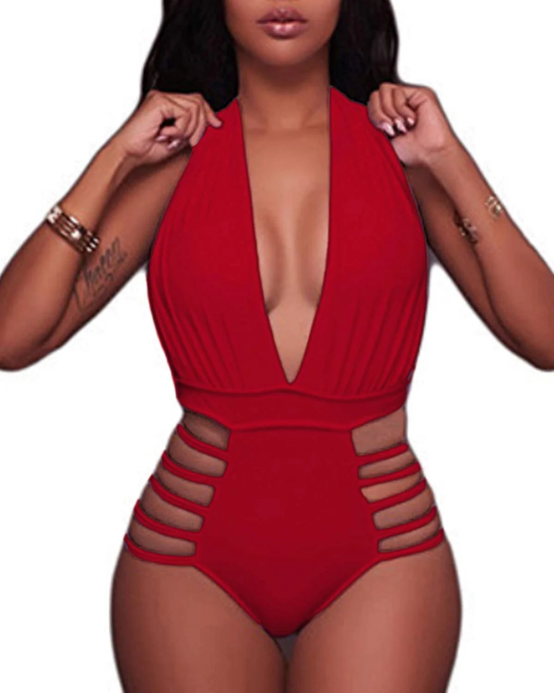 Women Sexy One Piece Swimsuits Halter Plunge V Neck Cutout Swimwear