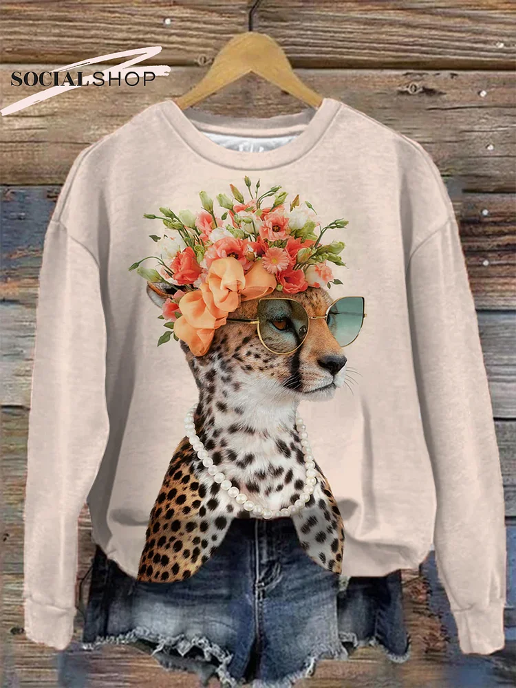 Lady Leopard with Charismatic Glasses and a Floral Crown: Women's Casual Top socialshop