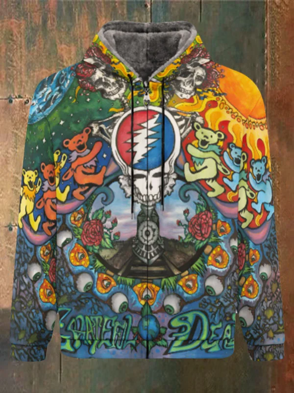 Unisex Skull Bear Print Double Layer Fleece Zip-Up Hooded Jacket