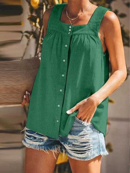 Plus size New Square Neck Pleated Loose Tank Top