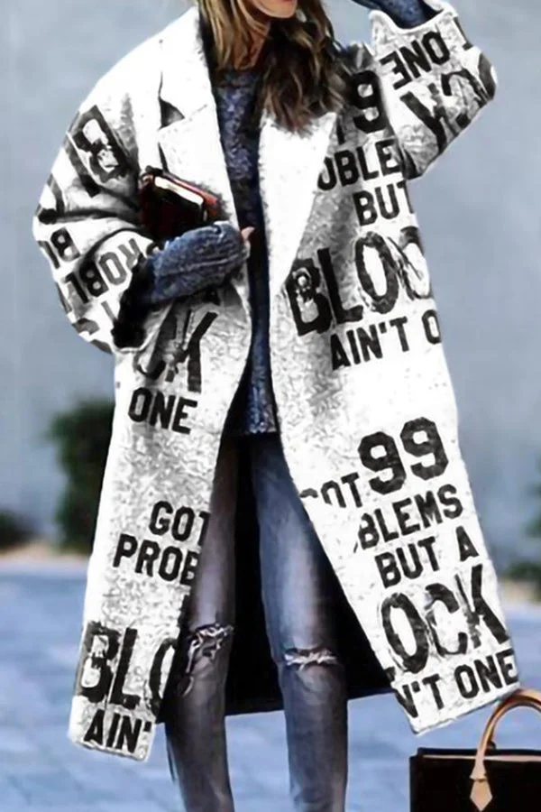 Lapel Plaid Letter Calf-length Loose Fit Overcoat with Pockets