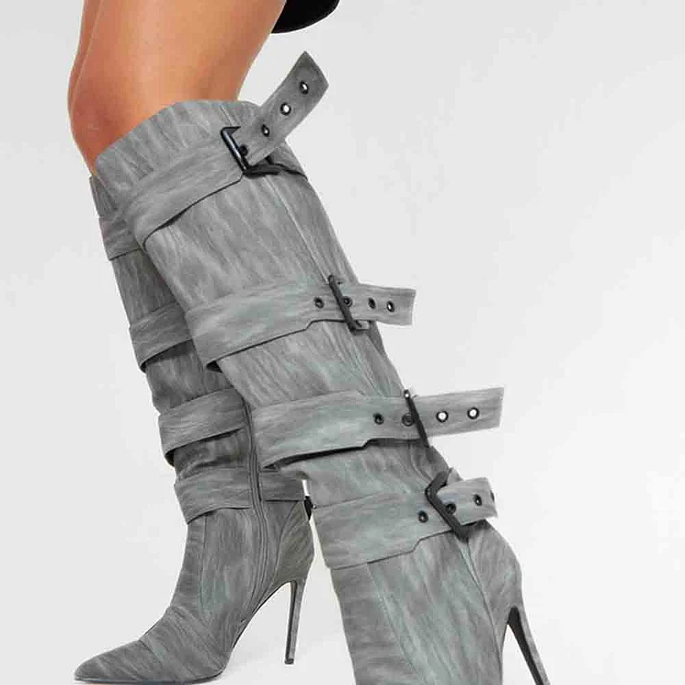 Fashion Grey Stiletto Heels Buckle Knee High Boots for Women |FSJ Shoes