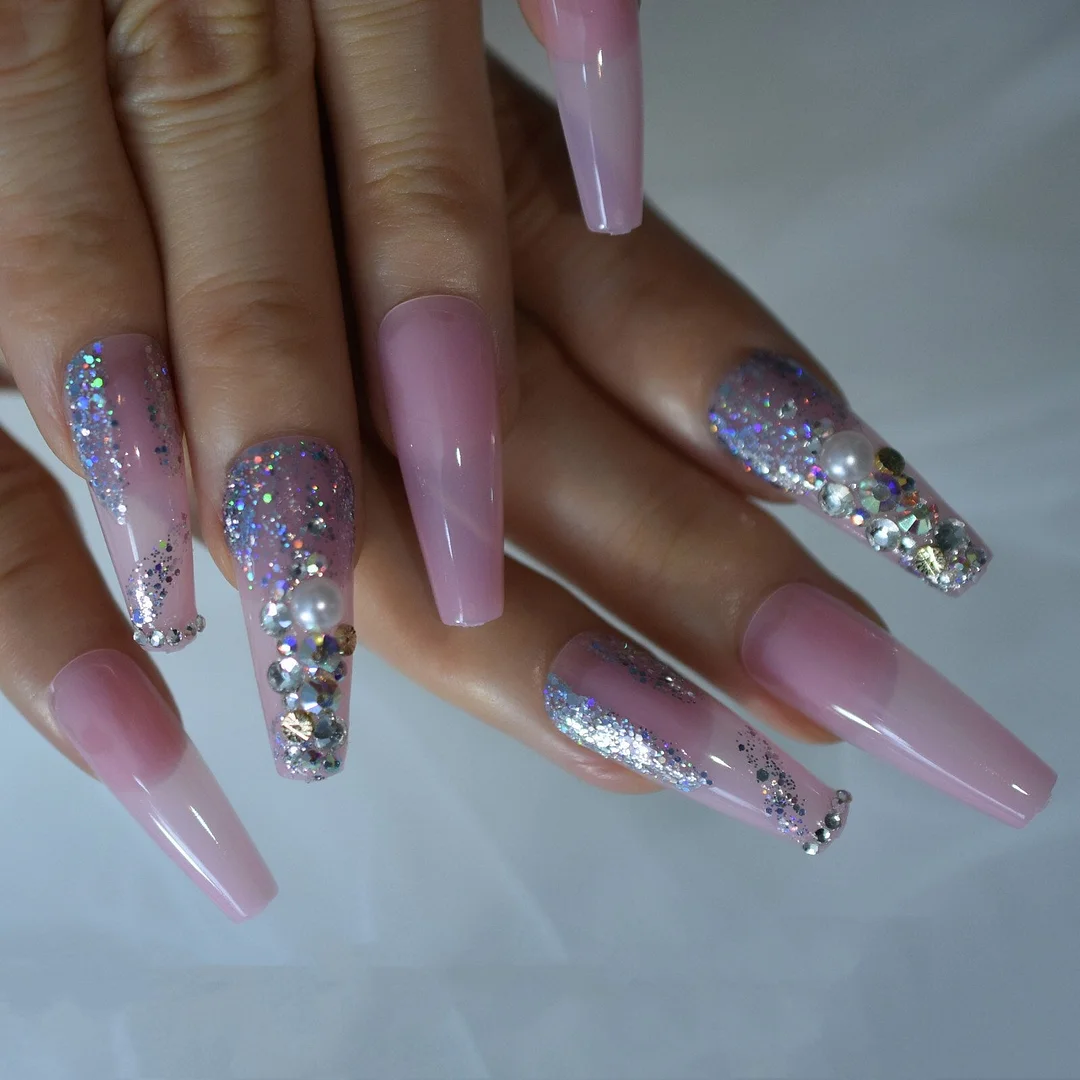 Extra Long Press On Nails With Rhinestone Pearls Glitter Pink Fake Nails Coffin Ballerina Glossy Acrylic Nail Tips For Woman