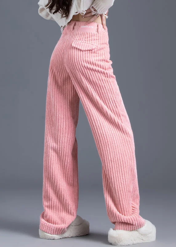 Casual Pink Pockets Corduroy Wide Leg Pants Spring