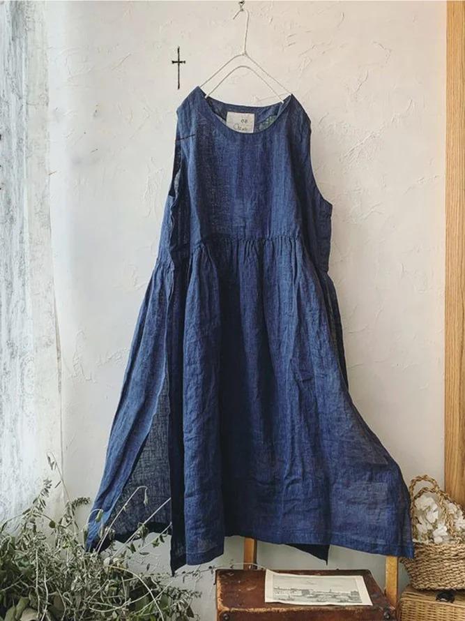 Navy Blue Casual Plain Linen Crew Neck Dresses