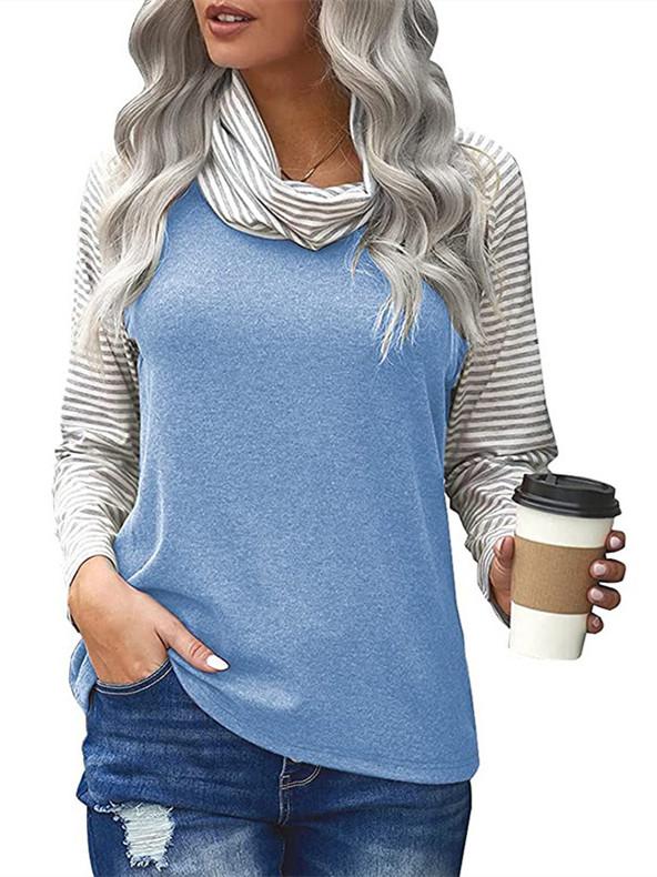 Women Long Sleeve Scoop Neck Striped Stitching Top