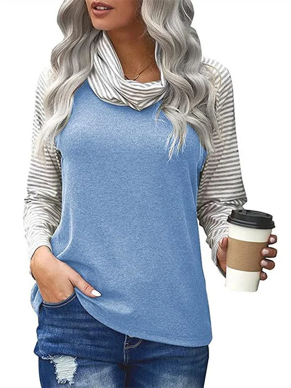 Women Long Sleeve Scoop Neck Striped Stitching Top