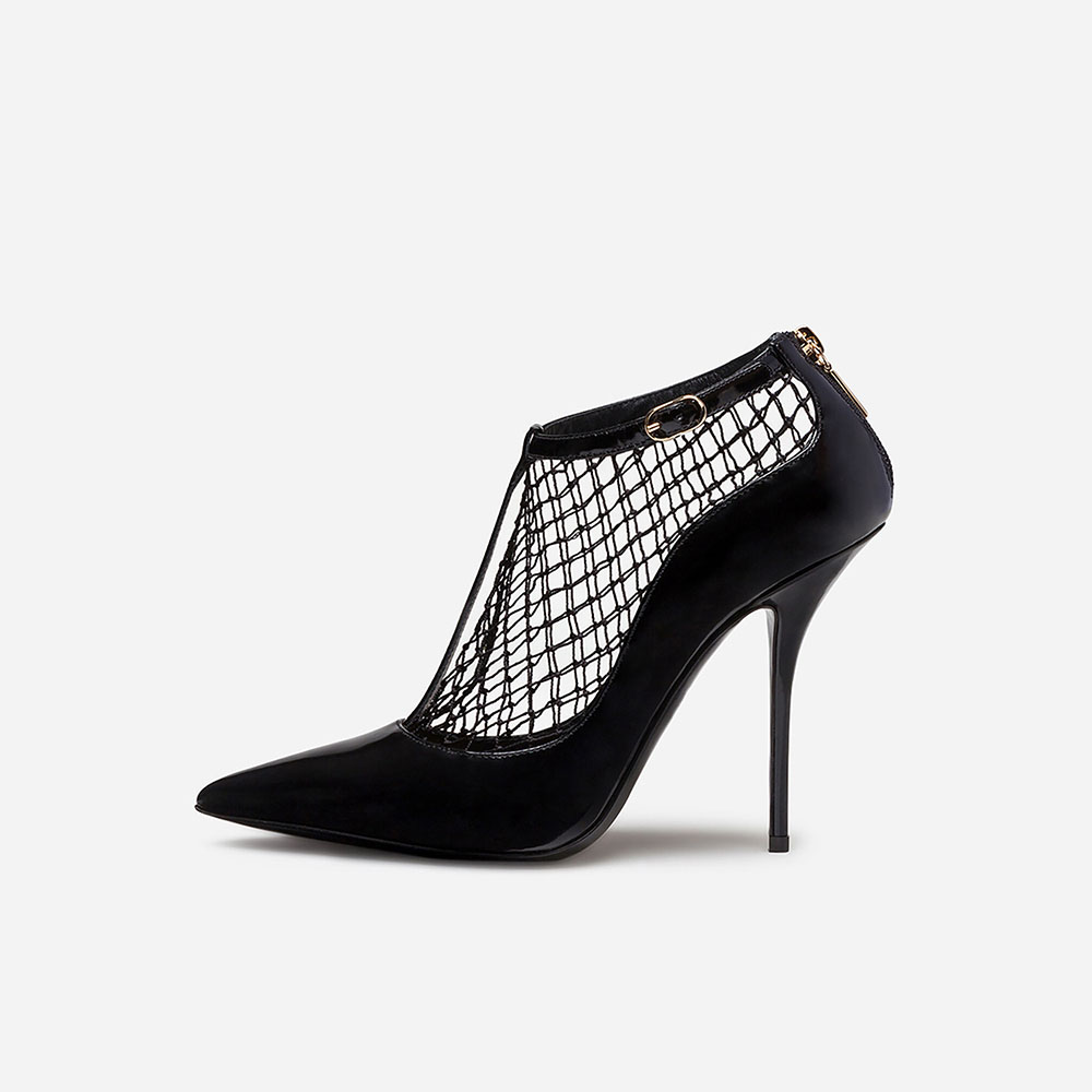 Sexy Black Patent Leather & Nets Pointed Toe T-Strap Stiletto Shoes