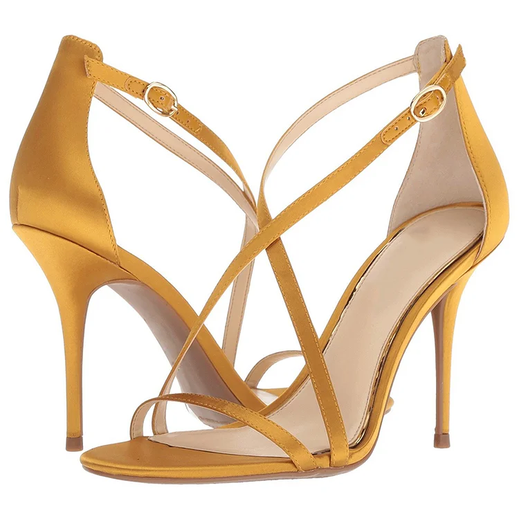 Yellow Satin Cross Over Stiletto Heels Sandals |FSJ Shoes