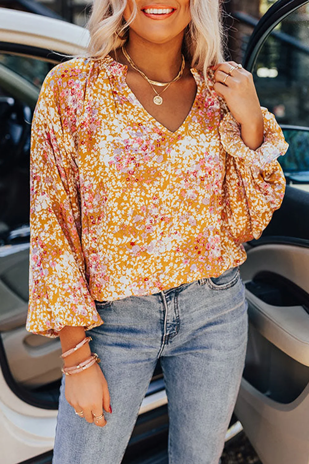 Yellow Split V Neck Floral Blouse | IFYHOME