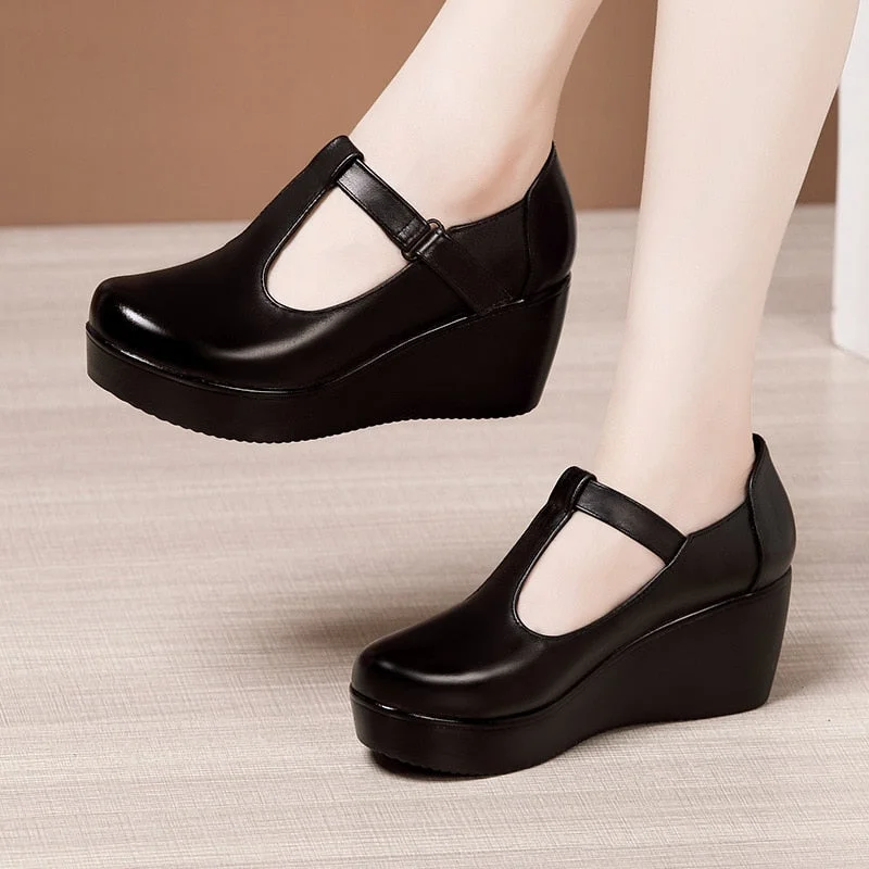 GKTINOO Plus Size 32-43 T Strap Leather Wedges Shoes for Women 2021 High Heels Shoes Ladies Platform Shoes Mother Dance Shoe