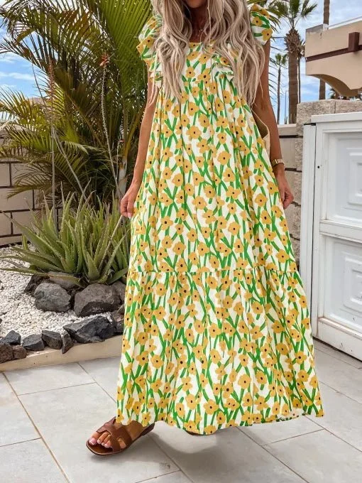 Women's Dresses Printed Bare Back Ruffle Sleeve Dress