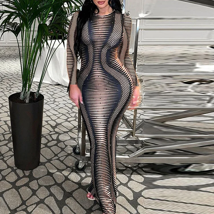 Print Long Sleeve Back Slit Maxi Dress - IRBOOM Fashion Clothing