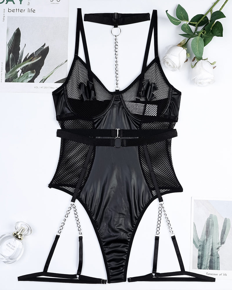 Lovingerie - Metal Buckle Chain Leather Bodysuits