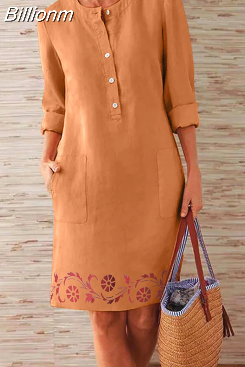 Billionm Color Button O Neck Cotton Linen Summer Dress Women Vintage Short Sleeve Pocket Knee Dress Casual Loose Plus Size Dresses