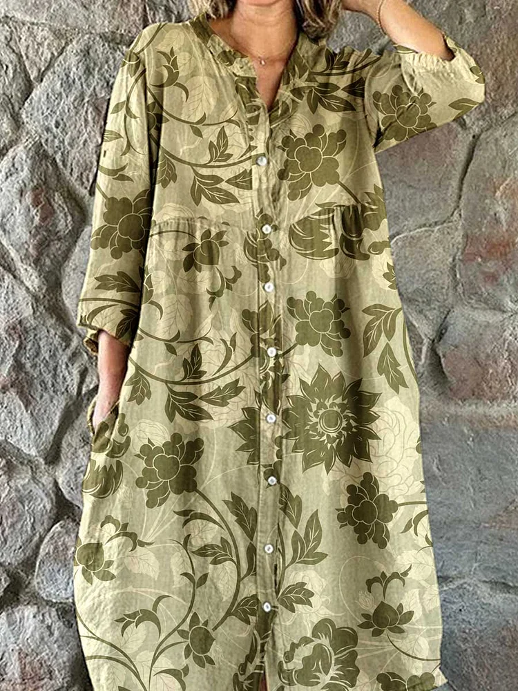 Womens Resort  Art Floral Cotton Shirt Dress