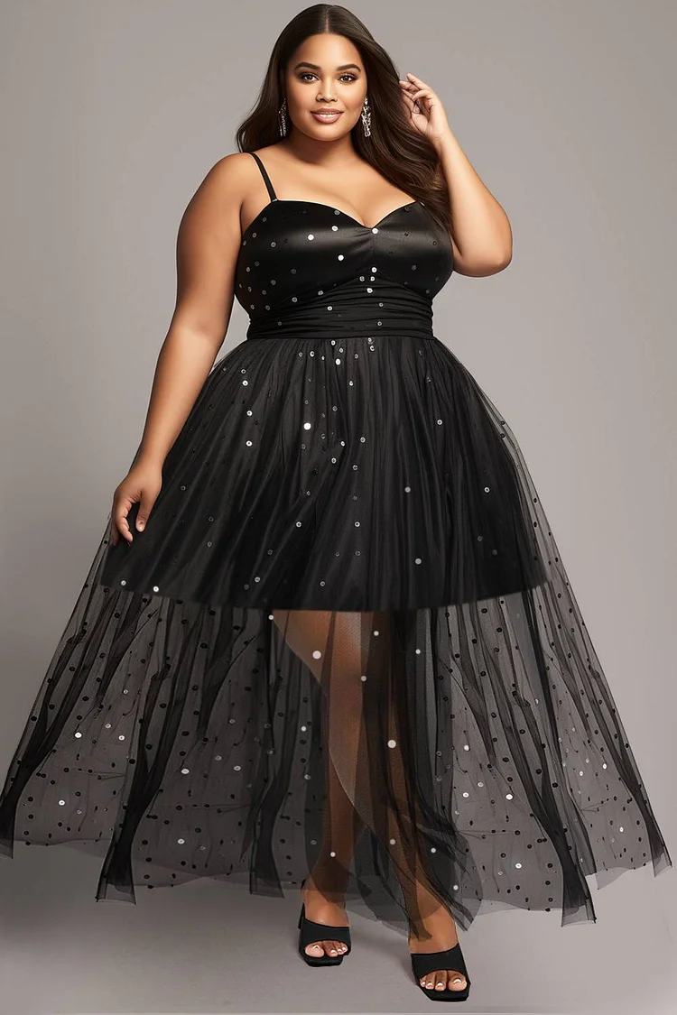 Xpluswear Design Plus Size Party Black Sequin See Through Tulle Maxi Dresses [Pre-Order]