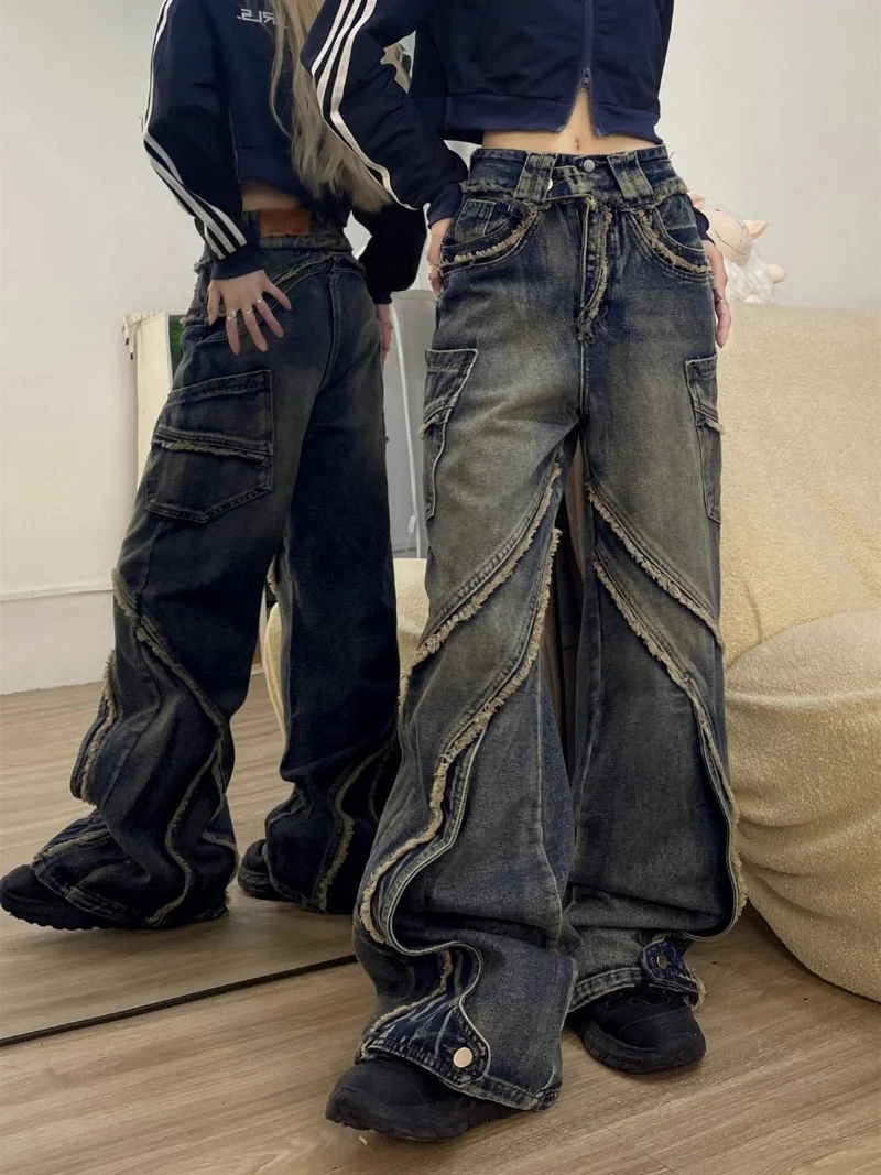 Aonga Harajuku washed distressed stitching raw edge high street trendy casual jean for women 2025 flesh-covering design straight pants aonga