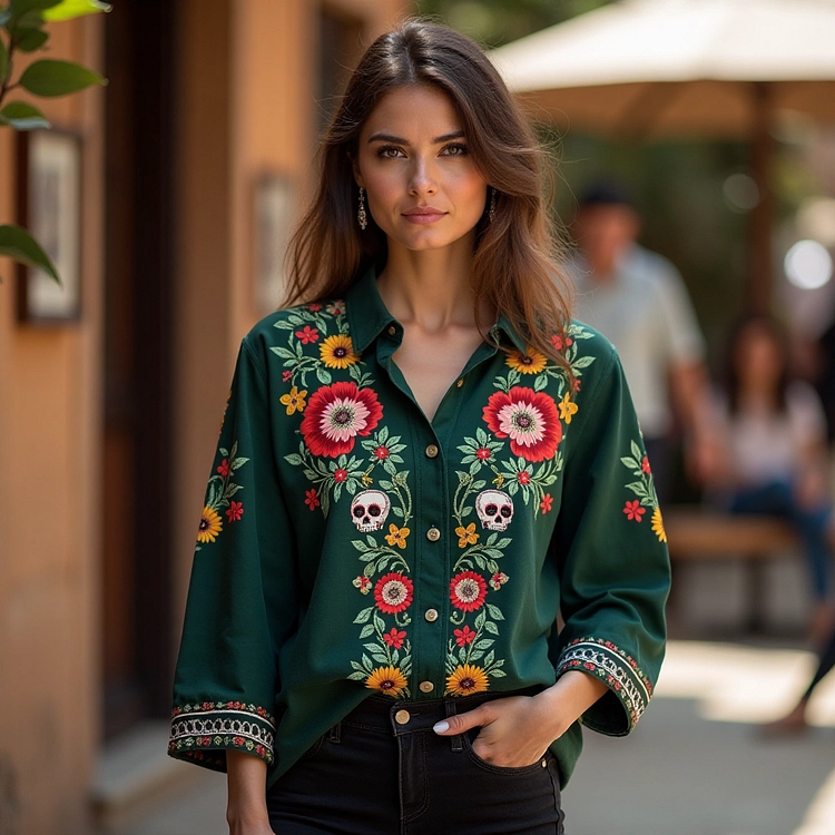 Classy Mexican Day Of The Dead Inspired Art Printed Linen Long Sleeve Shirt