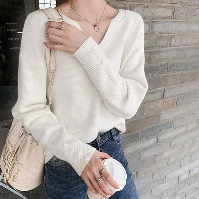 Casual Long Sleeve Cotton-Blend V Neck Sweater QueenFunky