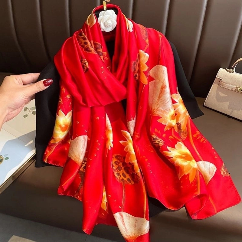 Women’s Fashion Letter Plaid Satin Printing Silk Scarves