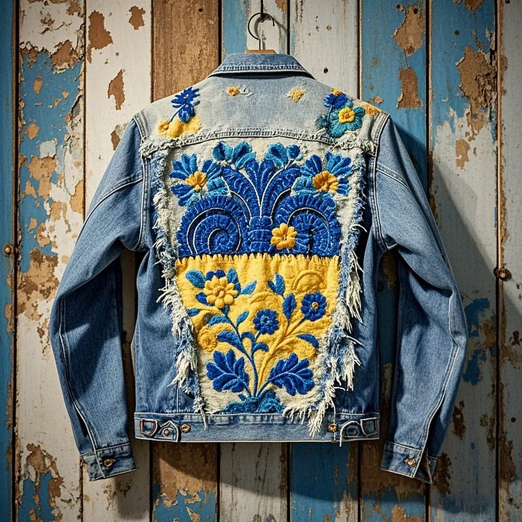 VChics Vintage Ukrainian Floral Embroidery Washed Denim Jacket