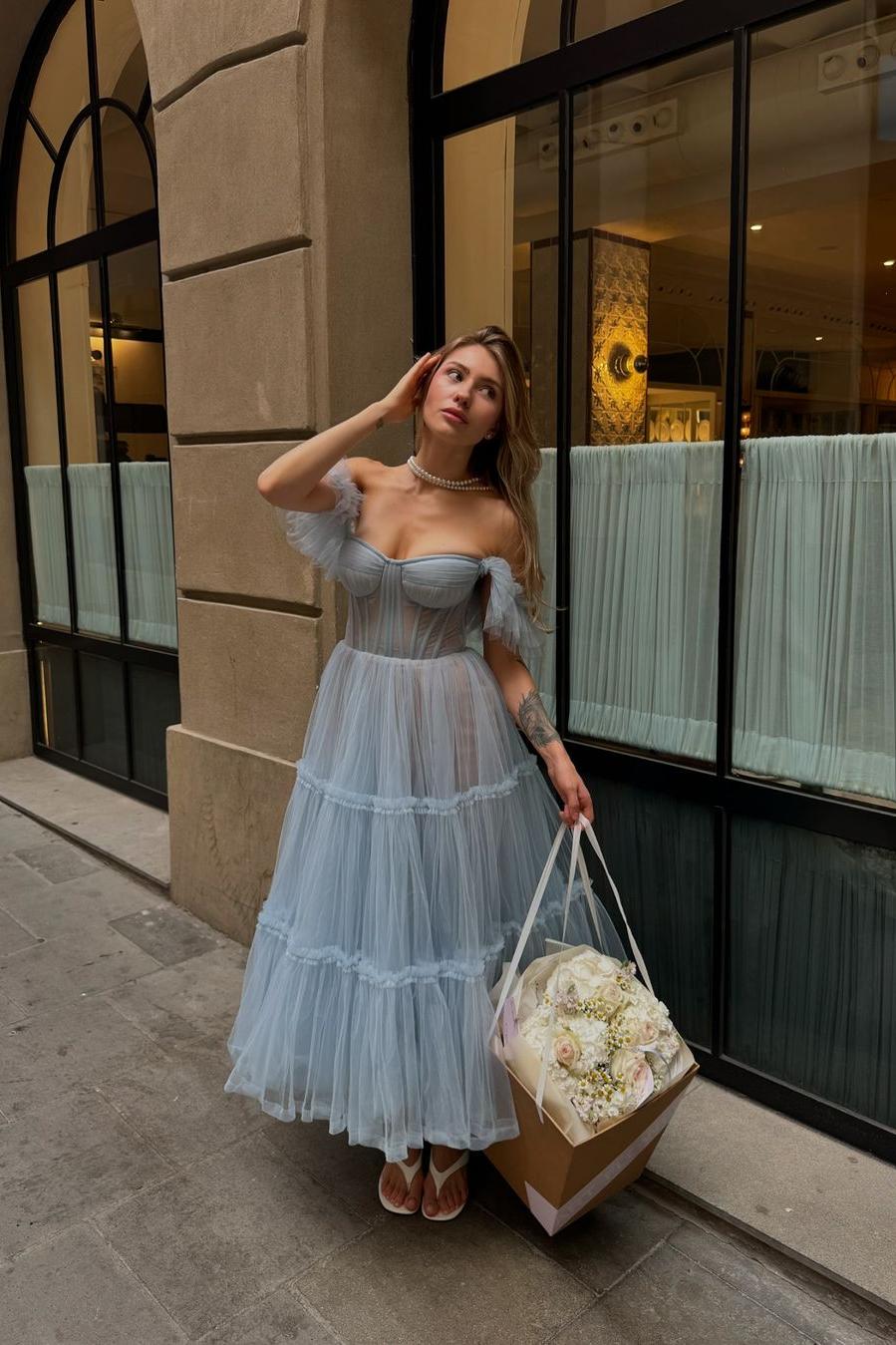 Lvs&Broner Tulle Off the Shoulder Sweetheart Strapless A Line Long Prom Dress