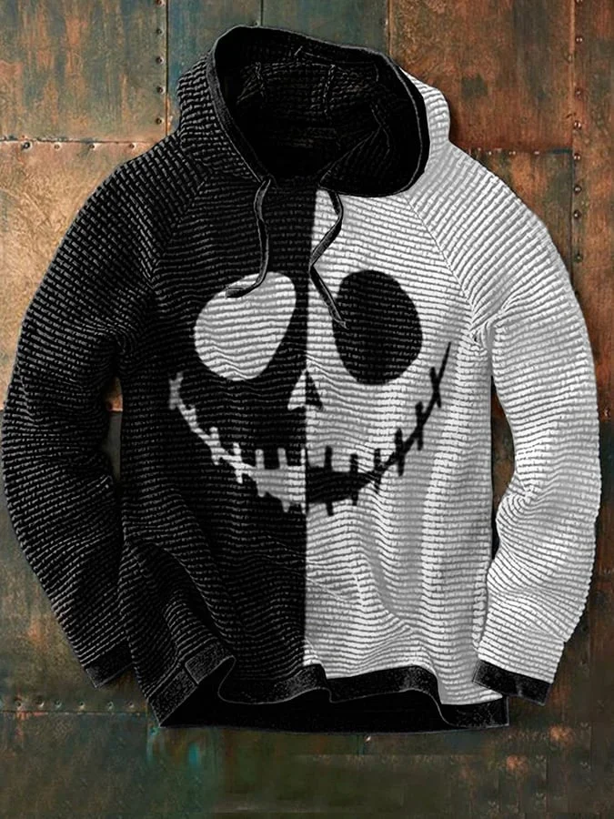 Men's Waffle Color Matching Print Long Sleeve Loose Sweatshirt
