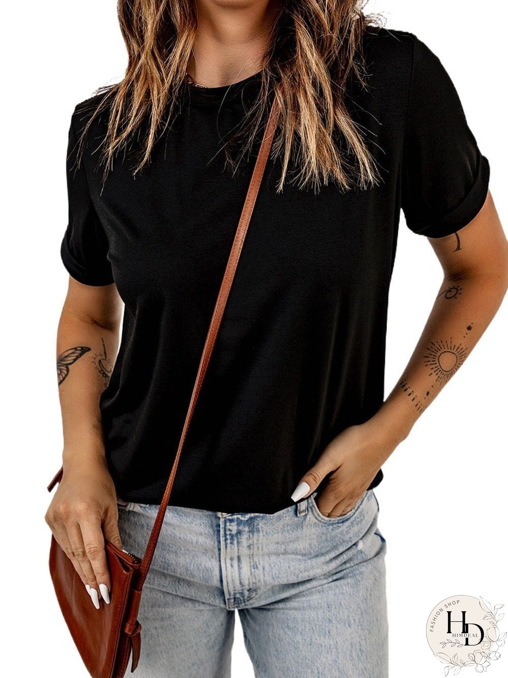 Chic Black Round Neck Short Sleeve Tee