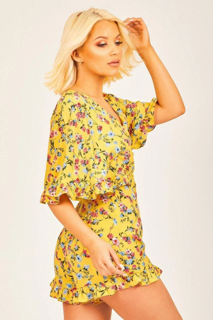 Yellow Floral Frill Sleeve Playsuit Katch Me
