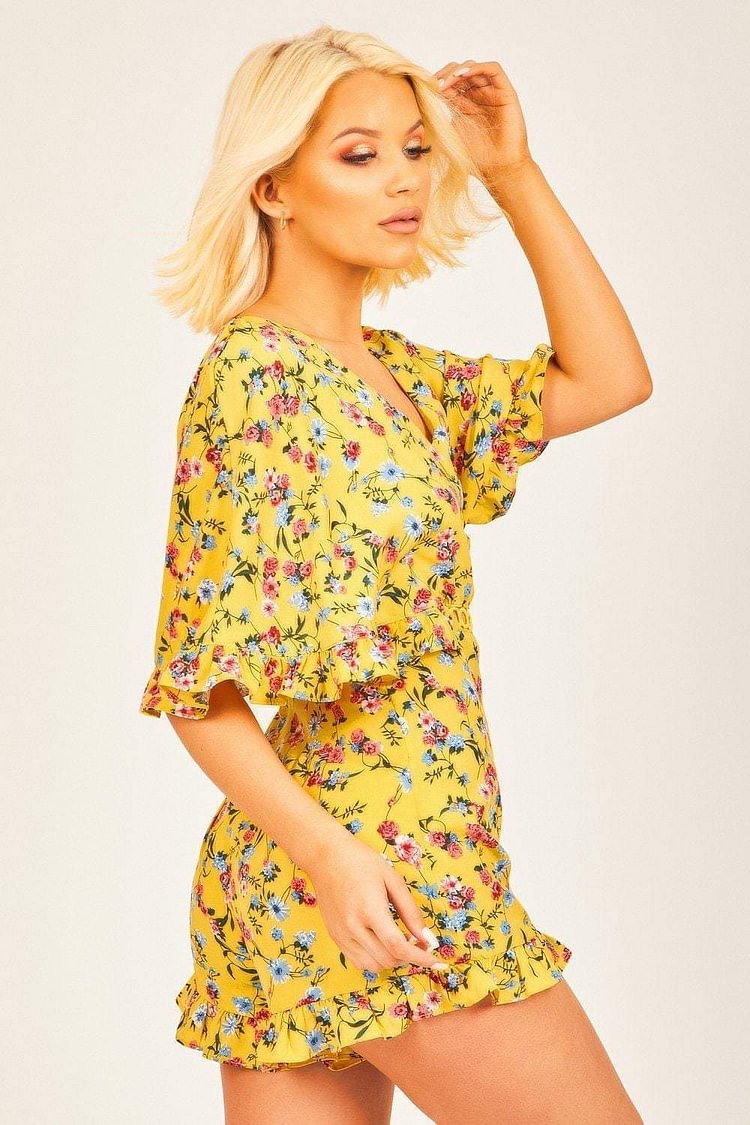 Yellow Floral Frill Sleeve Playsuit Katch Me
