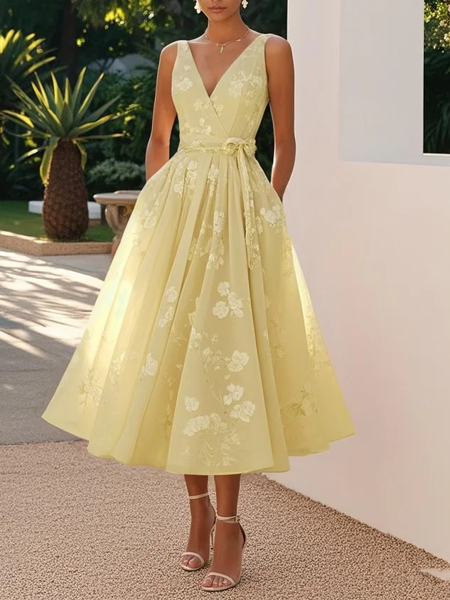 Women's Blush Floral Embroidered Midi Dress, V-Neck Tie-Waist A-Line Formal Gown
