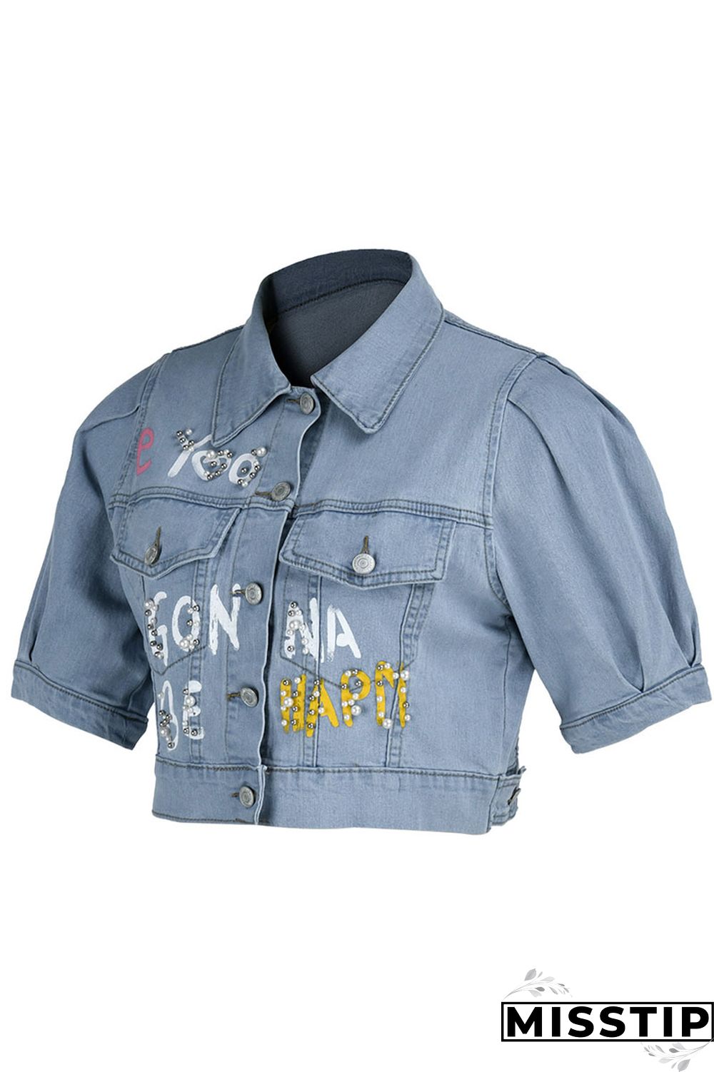 Blue Fashion Casual Letter Print Patchwork Beading Turndown Collar Half Sleeve Regular Denim Jacket