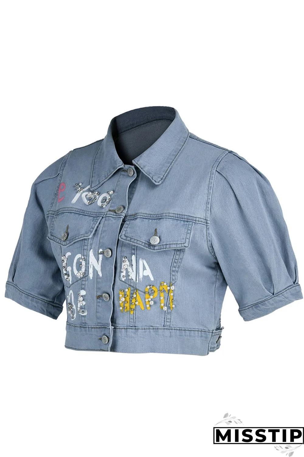 Blue Fashion Casual Letter Print Patchwork Beading Turndown Collar Half Sleeve Regular Denim Jacket