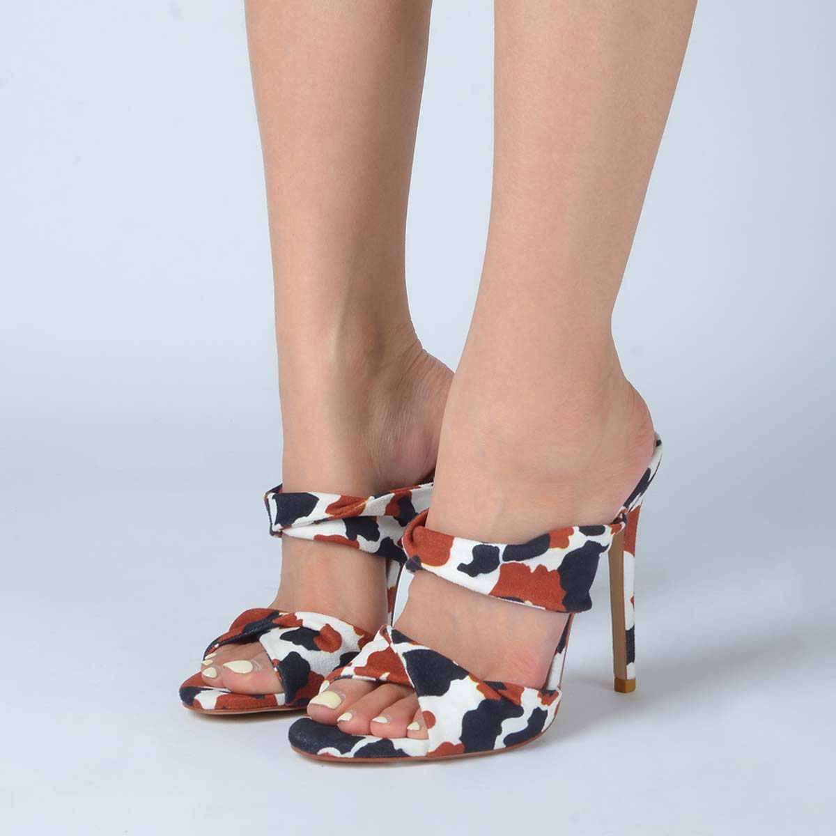 Multicolor Open Toe Cow Pattern Heeled Mules Slide Sandals