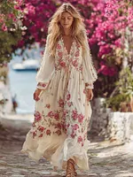 Women's Bohemian Pink Rose Embroidered V-neck Long Sleeve Dress