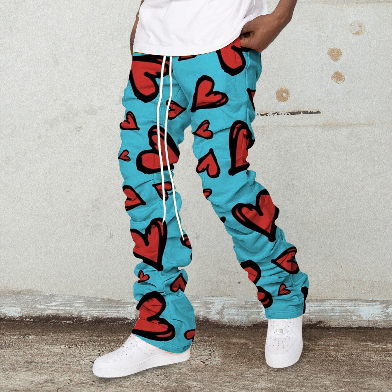 Retro Heart Color Contrast Print Pile Pants