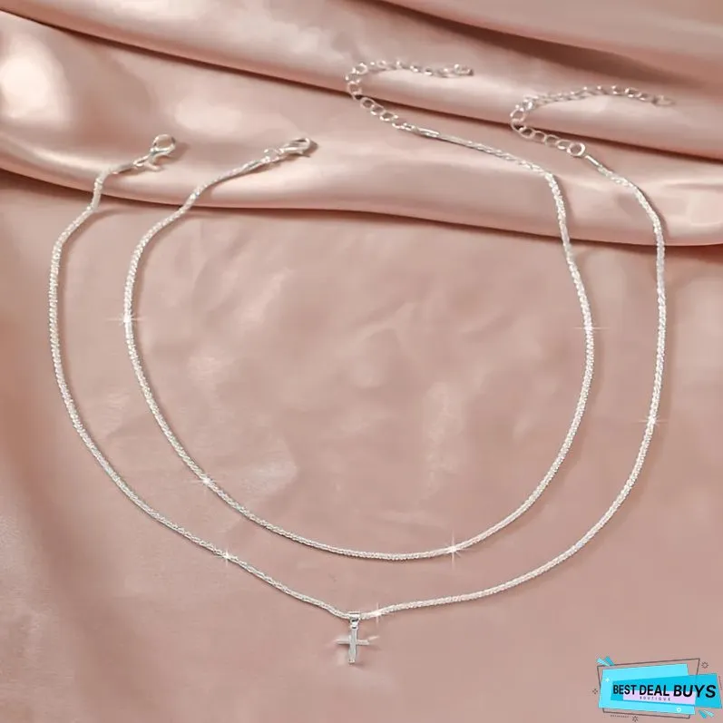 2pcs set of plated 925 silver multi-layer advanced sense of sparkling super sparkling necklace, the most sparkling for the party, send beautiful women's gift holiday gift anniversary gift to wear outside gift box, can be worn separately separately