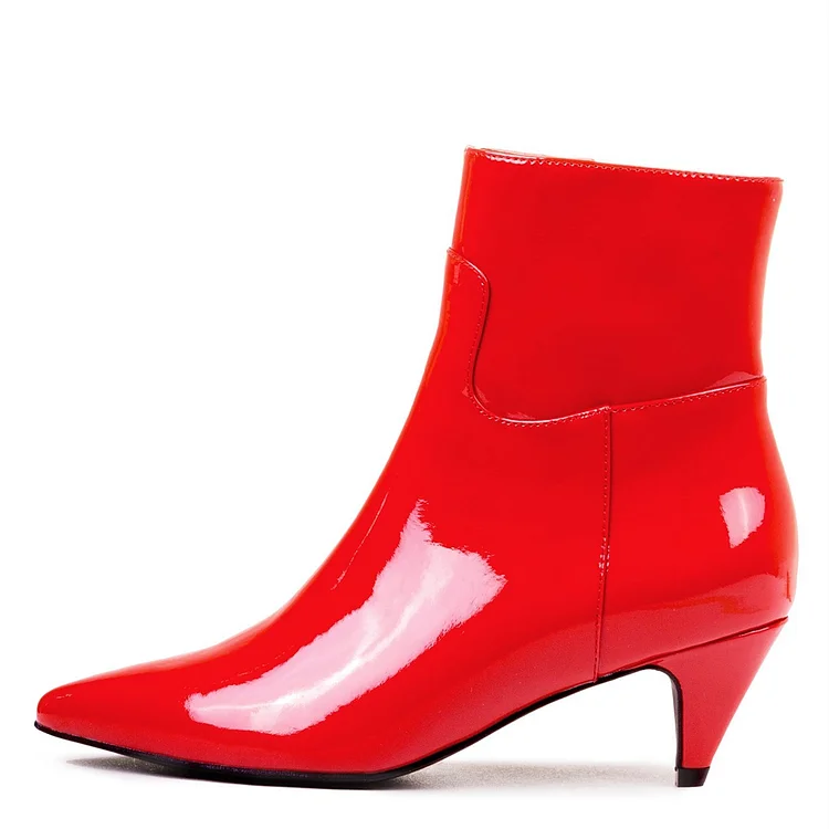 Red Patent Leather Kitten Heel Boots Pointy Toe Fashion Ankle Boots |FSJ Shoes
