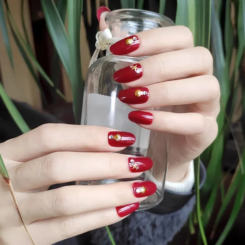 24pcs Rose Pattern Red Wine False Nail Fake Nails Coffin Glossy Press On Nails False Girls Ballerina full cover Fingernails Tips-Nail Inspo