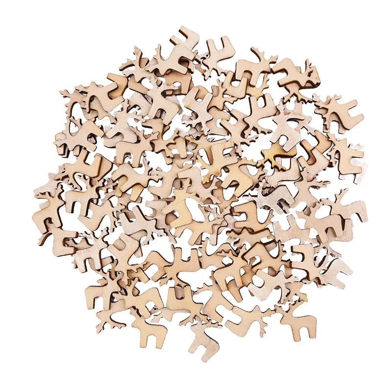 100Pcs Christmas Wooden Pendants Ornaments DIY Wood Crafts Xmas Tree Ornaments Snowflake Christmas Party Decorations for home